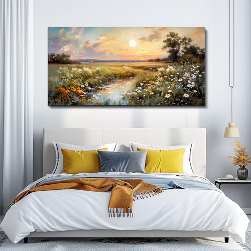 Canvas Wall Art For Living Room Wall Decor For Bedroom Office Decorations Vintage Farmhouse Wildflower Wall Paintings Nature Landscape Picture Artwork Aesthetic Home Decor Ready To Hang (40"L x 20"W / Rural Scenery)