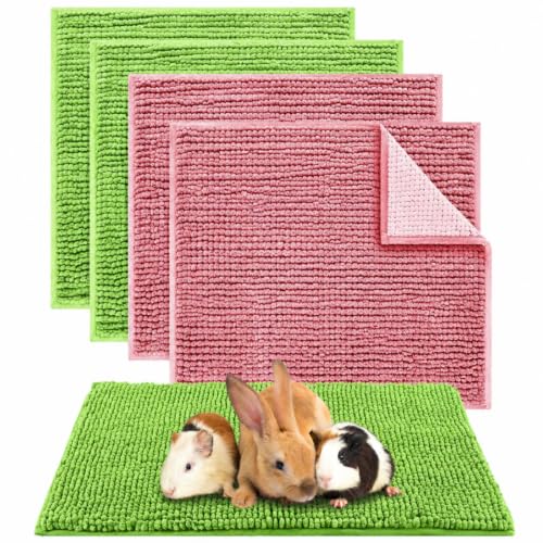 4 Pcs Guinea Pig Cage Liner (Green Pink / 12 x 12 Inch / Low Pile Chenille)
