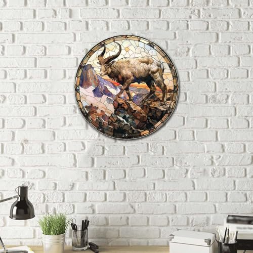 Metal Sign Tin Sign Circular Stained Glass Mountain Goat Vintage Sign for Club 8×8 Inches (8×8 Inches / Mountain Goat-1)
