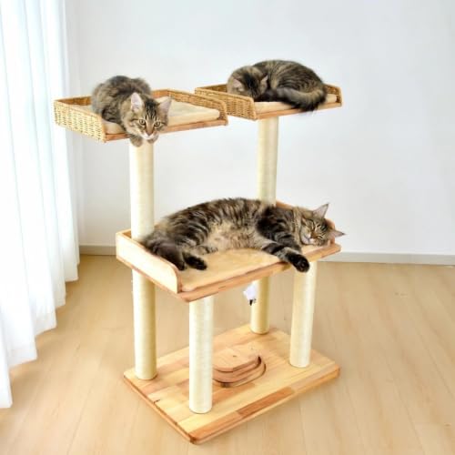 Modern Natural Real Wood Large Cat Tree with Extra Large Platform Perch for Indoor Cats Maine Coon (F)