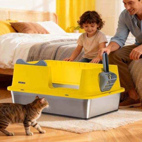 XL Stainless Steel Cat Litter Box for All Cats with High Sides and Scoop (Yellow / X-Large)