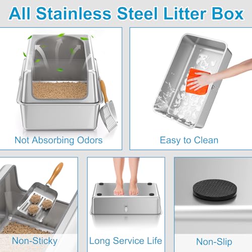 12'' High Sides XL All Stainless Steel Cat Litter Box with Lid (XL:23.6''×15.8''×12'')