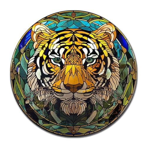 Metal Sign Tin Sign Circular Stained Glass Tigle Tin Signs Gardening for Pet 8×8 Inches (8×8 Inches / Tigle-1)