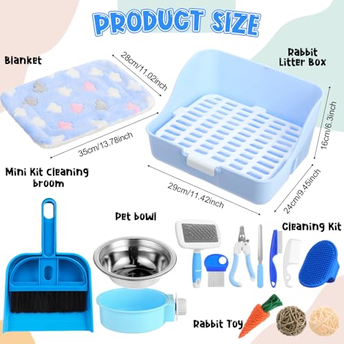 15 Pcs Rabbit Starter Kit Small Rabbit Litter Box Girls Gift Animal Grooming Kit Bunny Toys Bowl Blankets with Cleaning Set for Guinea Pig Accessories (Candy Blue)