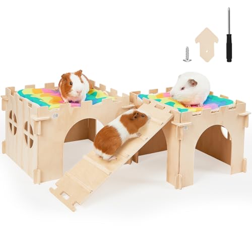 2 Pack Wooden Guinea Pig Hideout House with Stairs & Mats (2 Houses / Wood Color)