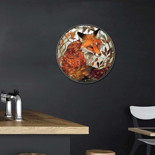 Metal Sign Tin Sign Circular Stained Glass Red Fox2 Gardening Sign for Yard 8×8 Inches (8×8 Inches / Red Fox-3)
