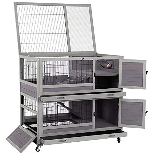 Rabbit Hutch Indoor Outdoor Bunny Hutch Pull Out Tray Guinea Pig Cage with Bottom Wire (Gery)
