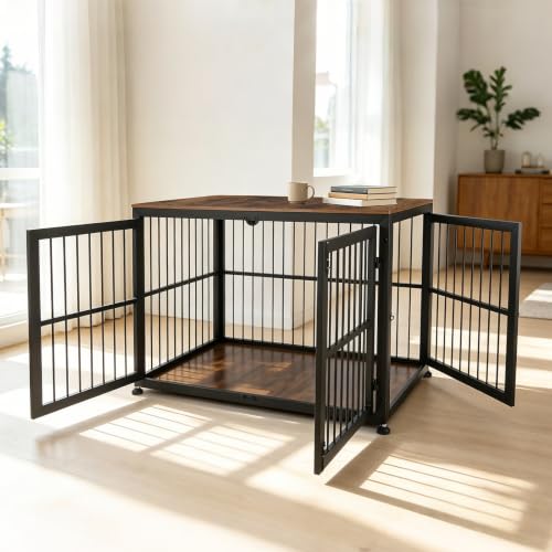 48" Rustic Heavy Duty Dog Crate Furniture for Extra Large Dogs (Black + Rustic Brown / 48.0"L x 30.1"W x 33.9"H)