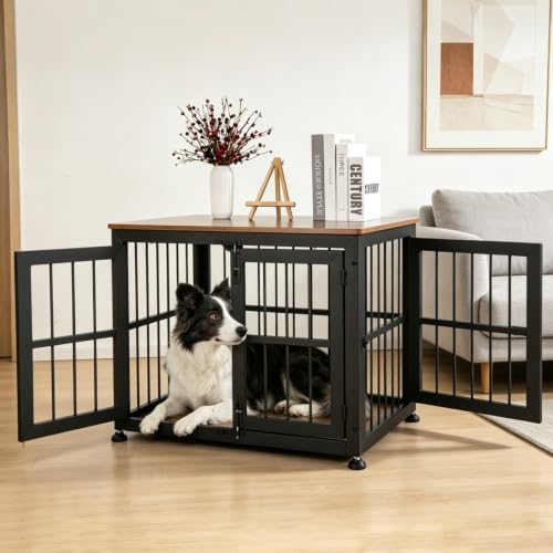 32 Inch Heavy Duty Dog Crate Furniture for Medium and Small Dogs (Black + Rustic Brown / 32.7"L x 23.2"W x 26.6"H)