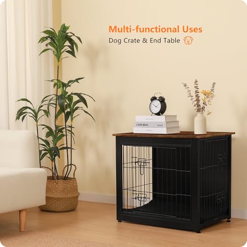 27" Dog Crate Furniture (Black+Rustic Brown / 27.2"L x 20.1"W x 23.6"H)