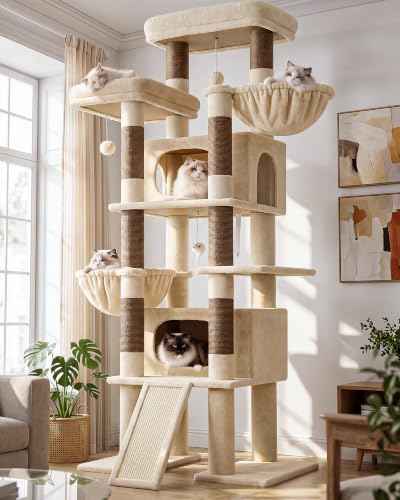 Giant Tall Heavy Duty Cat Tower for Indoor Large Cats (Beige / 75 inch)