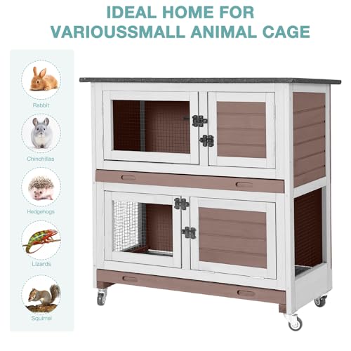 2 Tier Rabbit Hutch Indoor Bunny Cage with Wheels for Small Animals (Beige)