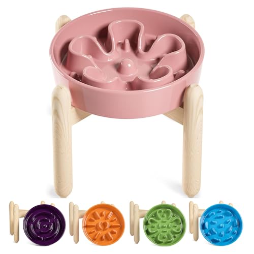 Ceramic Slow Feed Dog Bowls (Pink Bloom+Stand / M-1.5 Cups)
