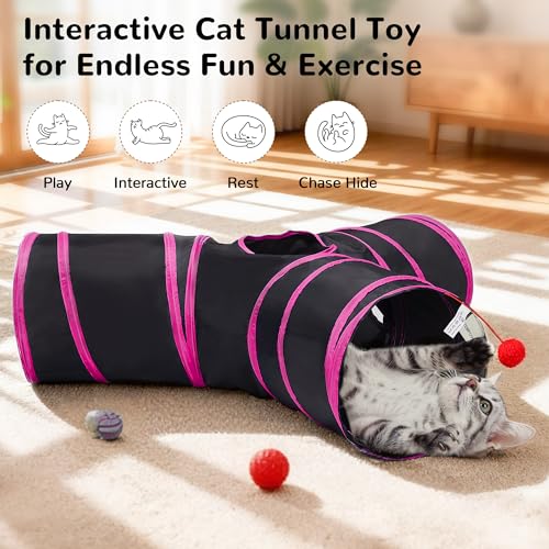Cat Tunnel, 3-Way Collapsible Toy for Indoor Cats, Black & Red (Black & Rose Red / Small)