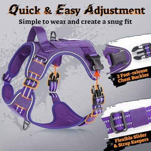 Tactical Dog Harness for Large Dogs (L(Chest:22"-37",Neck:21.1"-30.3",Back:8.3") / Purple)