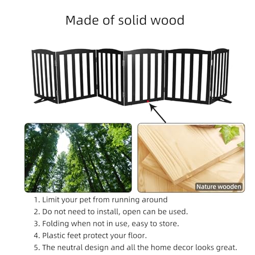 Foldable Freestanding Indoor Dog Gate for House Wood White Long Pet Gates Dog Fence for Stairs Puppy Gates for Hallways (Black / 【6 Panels】120''w X 24''h)