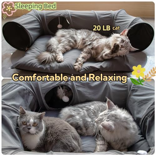 4 Ways Shuttled XL Cat Tunnel Bed for Indoor Cats Peekaboo Cat Cave Donut with Cool Mat (Extra Large / Dark Gray)