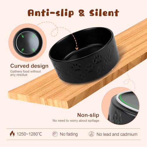 Ceramic Elevated Dog Bowl Set with Acacia Wood Stand for Food and Water for Small Medium Sized Dogs (28.74 Oz / Black with Dog Paw Pattern)