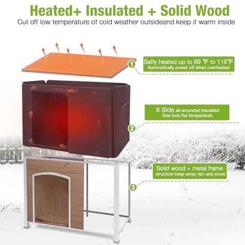 Heated Dog House Outdoor 43.3" L Insulated Dog Kennel with Metal Frame Large Dog Crate for Medium to Large Dogs Outside with Heater and Insulated Liner for Winter