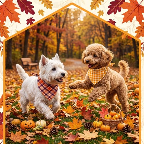 50 Pcs Fall Plaid Dog Bandanas Bulk Autumn Gingham Check Pattern (19.7 x 13.8 x 13.8 Inch / Fall Plaid)