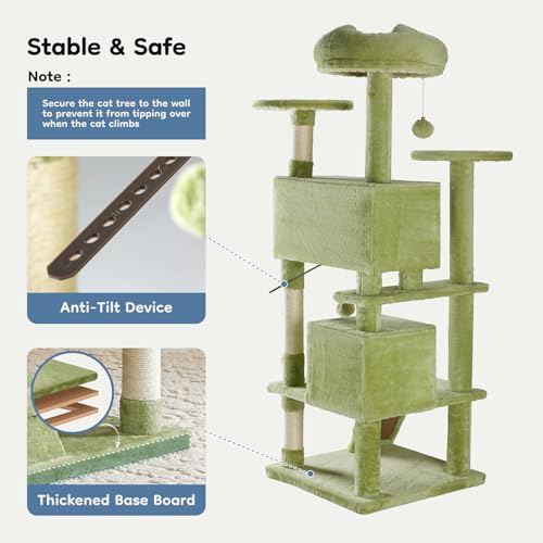 54 in Cat Tree Tower with Natural Sisal Scratching Post (Green / 54"×19.7"×19.7")