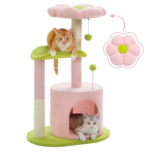 Flower Cat Tree 32" Small Cat Tower with Curved Perch Bed (Small-32 inches / Pink)