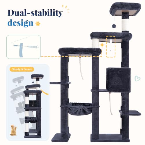Cat Tree Tower with Stable Extended Base (Smoky Gray / 71.9 Inches)