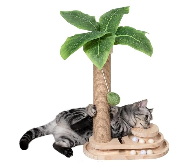 Cat Scratching Post Cat Scratcher Interactive Toy with Dangling Ball for Indoor Kitten 2 Layer Base Wooden Ball Track 17.7" Tall Modern Sisal Scratch Pole (18 in Ball Track)