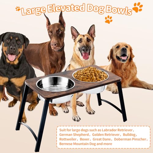Elevated Dog Bowls for Medium and Large Dogs Wood Raised Bowl Stand with Two 1700ML (Black&brown-Medium&Large)