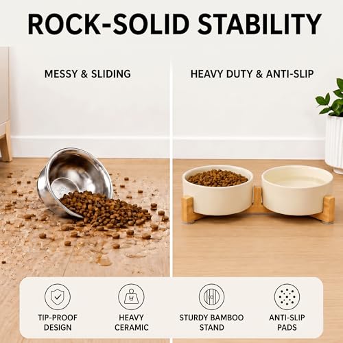 Ceramic Dog and Cat Bowl Set with Wooden Stand (1.7 cups / Beige × 2)