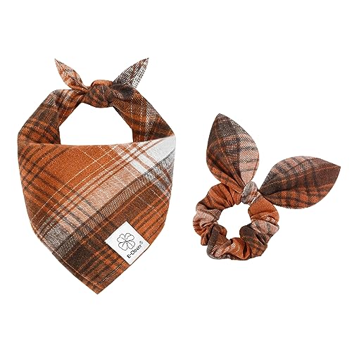 Fall Dog Bandanas Matching Dog Bandana and Scrunchie Small (01-brown orange-plaid / Small)