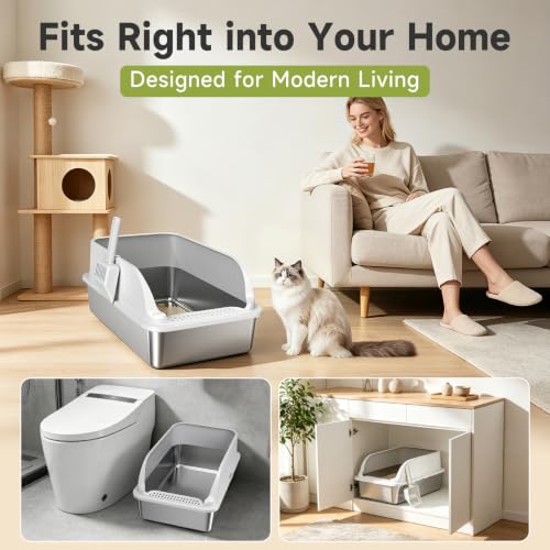 Stainless Steel Cat Litter Box with Lid (Light Grey XL)