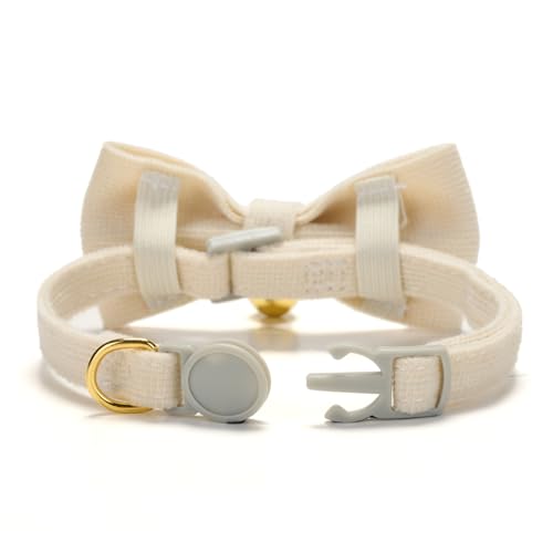 2 Pack Soft Corduroy Cat Collars with Bow Tie & Bell Adjustable Breakaway Kitten Bowtie Collar for Female Male Cats (S:Neck 7.0" - 11.0" / Corduroy-White Grass Green)