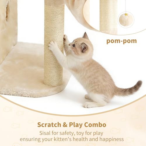 26.3" Cat Tree for Large Cats with Big Perch & Dual Condos HCT204SM (Beige / 26.3 inch)