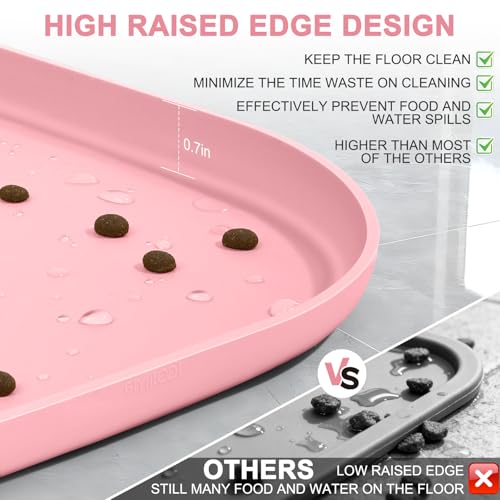 Waterproof Silicone Pet Food Mat with Raised Edge for Dog & Cat (Sakura Pink / 19"L x 12"W)
