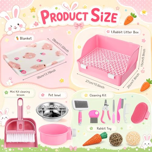 15 Pcs Rabbit Starter Kit Small Rabbit Litter Box Girls Gift Animal Grooming Kit Bunny Toys Bowl Blankets with Cleaning Set for Guinea Pig Accessories (Light Pink)