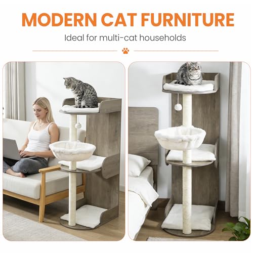44.8in Modern Wood Cat Tree Tower for Indoor Large Cats with Perch (Greige 2 / 44.8 Inches)