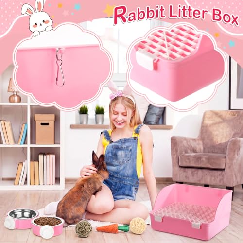 15 Pcs Rabbit Starter Kit Small Rabbit Litter Box Girls Gift Animal Grooming Kit Bunny Toys Bowl Blankets with Cleaning Set for Guinea Pig Accessories (Light Pink)