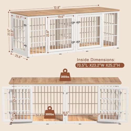 72" Heavy Duty Double Dog Crate Furniture for Large (White + Natural / 72.8"L x 25.6"W x 27.5"H)
