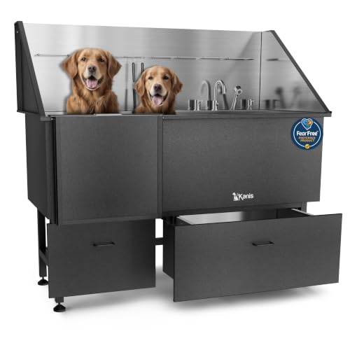 Professional Dog Washing Station 304 Stainless Steel Pet Wash Sink (Black, Left Ramp, 2 Drawer / 61 Inches)