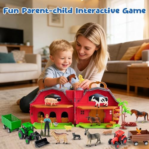 Farm Animals Big Red Barn Toy with Tractors Fence for Toddlers 1 (Farm Barn Playset)