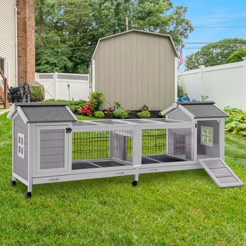 Wooden Rabbit Hutch with Wheels (Grey / 22.8"L x 80.1"W x 28.6"H)