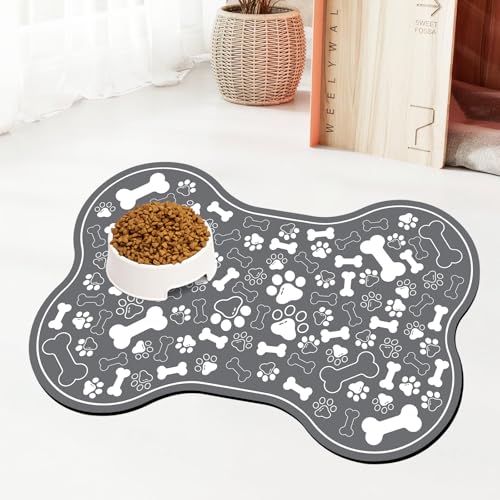 Dog & Cat Food Mat Bone Shaped Pet Feeding Mat Quick Absorb Water Bowl Placemat with Rubber Backing Indoor Floor Stain Resistant Pet Accessory Supplies (Dark Gray / 16"L x 24"W)