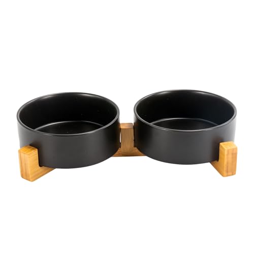 Ceramic Dog and Cat Bowl Set with Wooden Stand (5 cups / Black × 2)