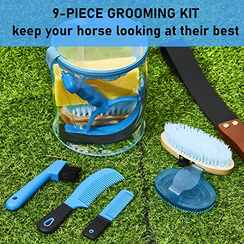 9 Pcs Horse Grooming Kit Tack Room Supplies (Cute / Blue)