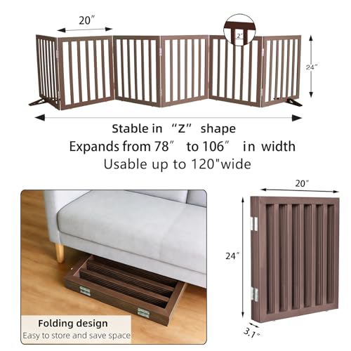Freestanding Indoor Dog Gate for House Foldable Wood Puppy Gate for Doorways Pet Gate for Stairs Extra Wide Pet Fence (Brown / 【6 Panels】120''w x 24''h)
