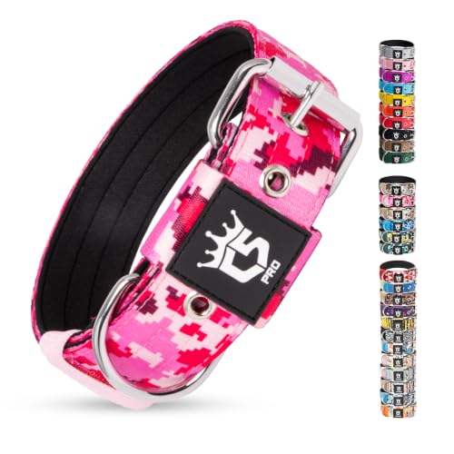 Heavy Duty Thick Dog Collar with Metal Buckle for Large Dogs (L – Fits Neck 18.9"-21.7" / Camo Pink)