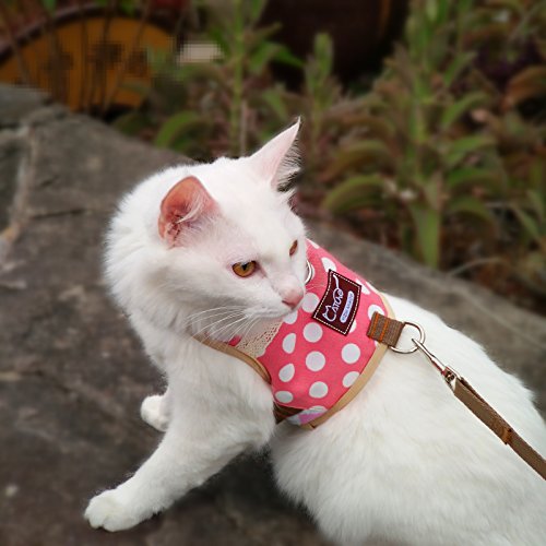 Cat Harness and Leash Set Escape Proof (Pink Polka Dots / M 5.5-9 lbs)