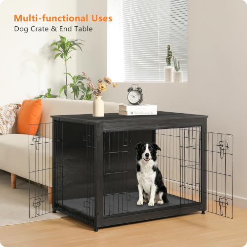 38.5" XL Dog Crate Furniture with Cushion (Dark Gray / 38.5"L x 25.6"W x 26.8"H)