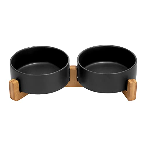 Ceramic Dog and Cat Bowl Set with Wooden Stand (1.7 cups / Black × 2)